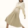 Cream Faux Leather Belted Pleated Midi Skirt