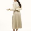 Cream Faux Leather Belted Pleated Midi Skirt