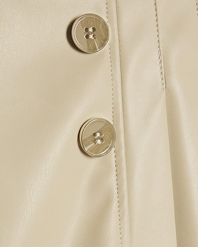 Cream Faux Leather Belted Pleated Midi Skirt