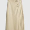 Cream Faux Leather Belted Pleated Midi Skirt