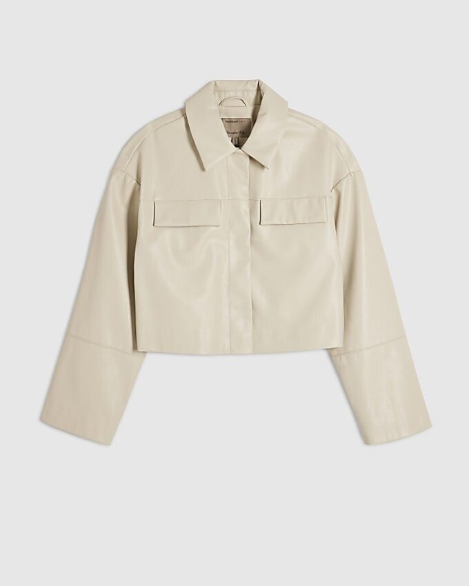 Cream Faux Leather Cropped Overshirt