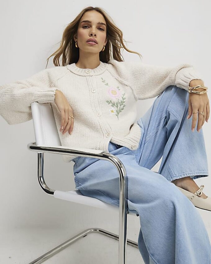 Cream Floral Embroided Cardigan
