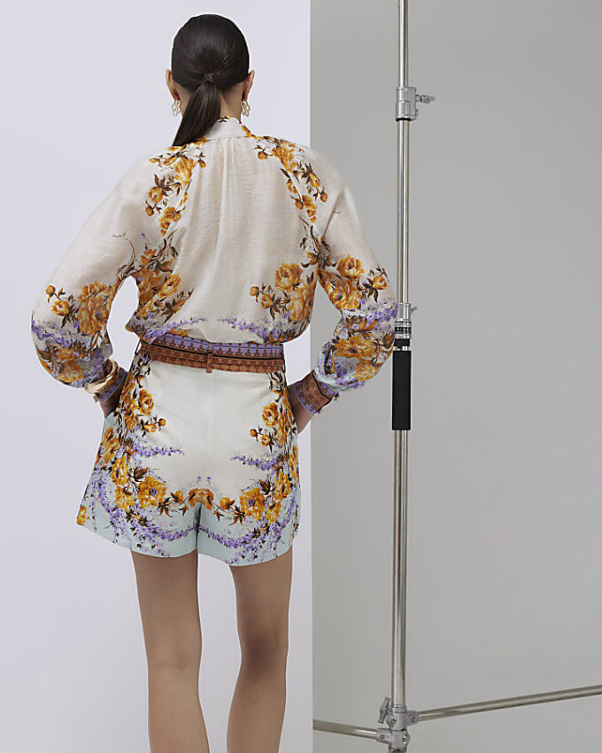 Cream Floral Print Belted Shorts
