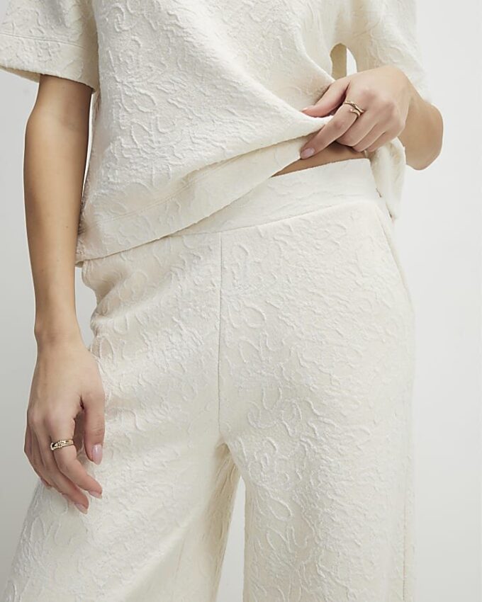 Cream Jacquard Wide Leg Trousers