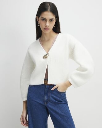 Cream Knitted Gold Detail Cardigan