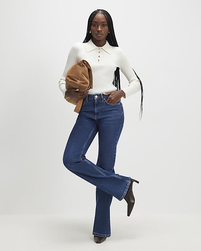 Cream Knitted Long Sleeve Polo Top