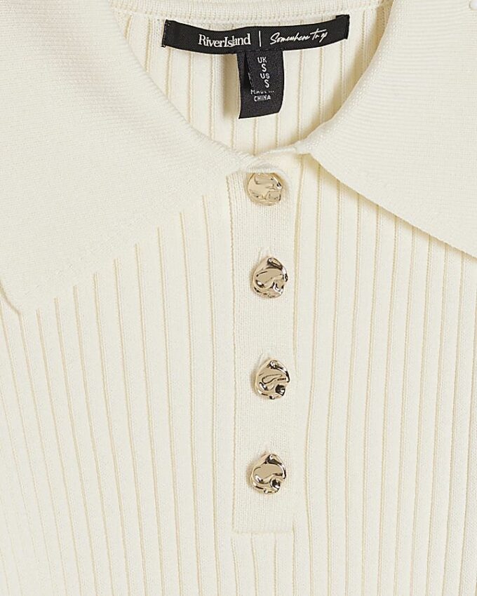Cream Knitted Long Sleeve Polo Top