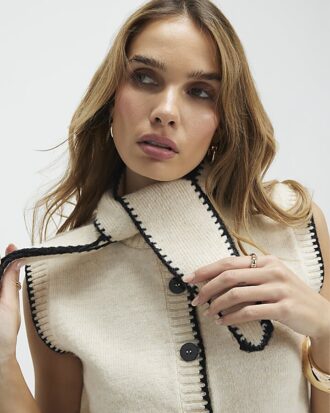 Cream Knitted Tie Neck Waistcoat