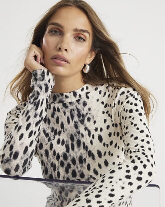 Cream leopard Print Long Sleeve Ribbed Top