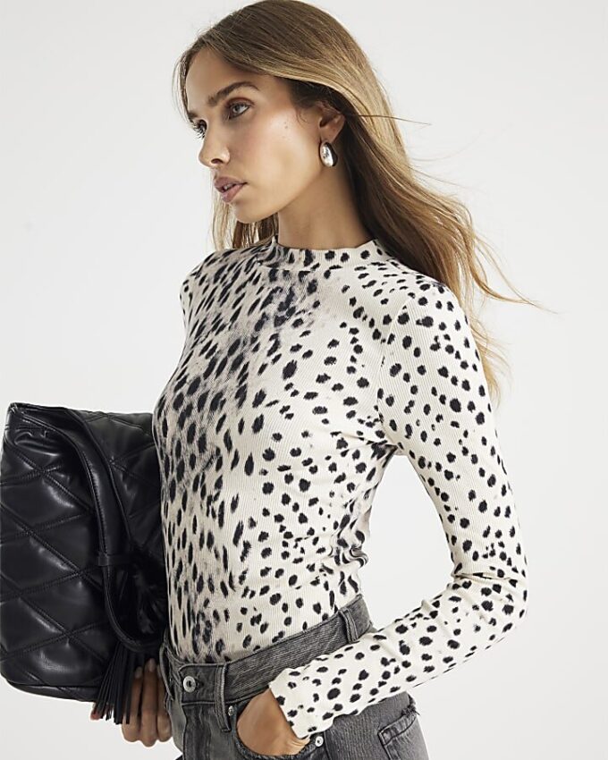 Cream leopard Print Long Sleeve Ribbed Top