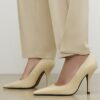 Cream Long Chisel Toe Patent Court Heels