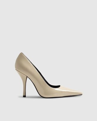 Cream Long Chisel Toe Patent Court Heels