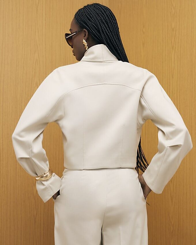 Cream Long Sleeve Herringbone Tie Neck Jacket