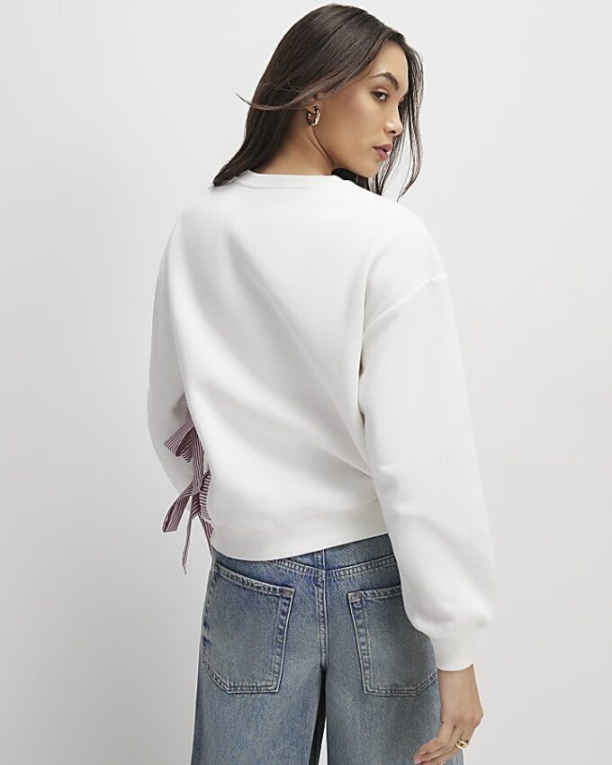 Cream Long Sleeve Paris Bow Sweatshirt