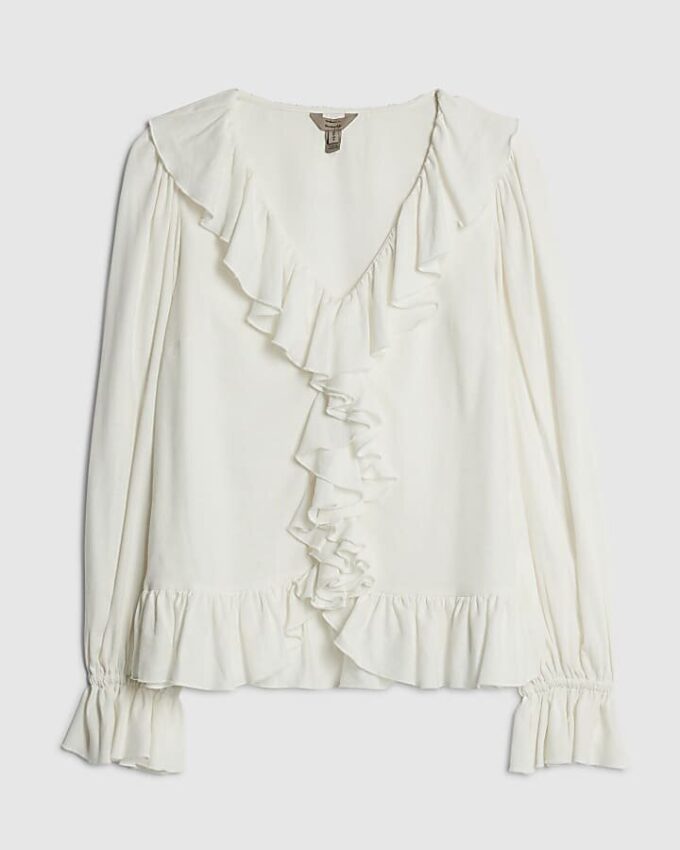 Cream Long Sleeve Ruffle Blouse