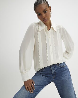Cream Long Sleeve Scallop Trim Shirt