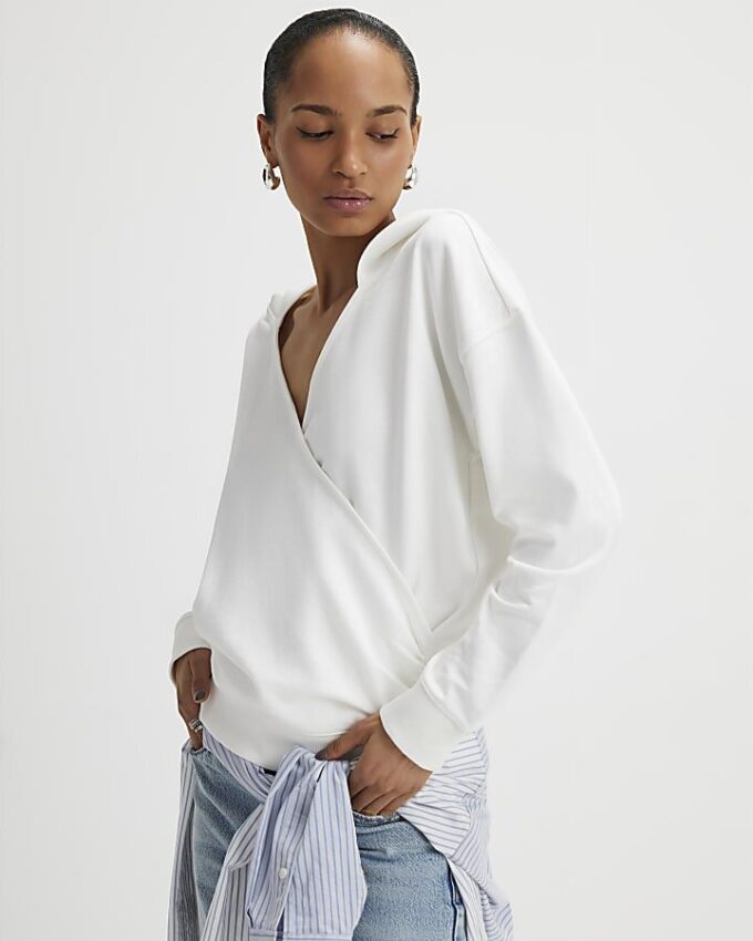 Cream Long Sleeve Wrap Front Hoodie