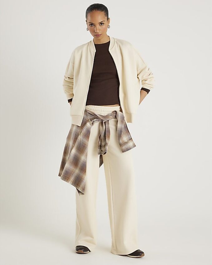 Cream Long Sleeve Zip Up Bomber Sweatshirt