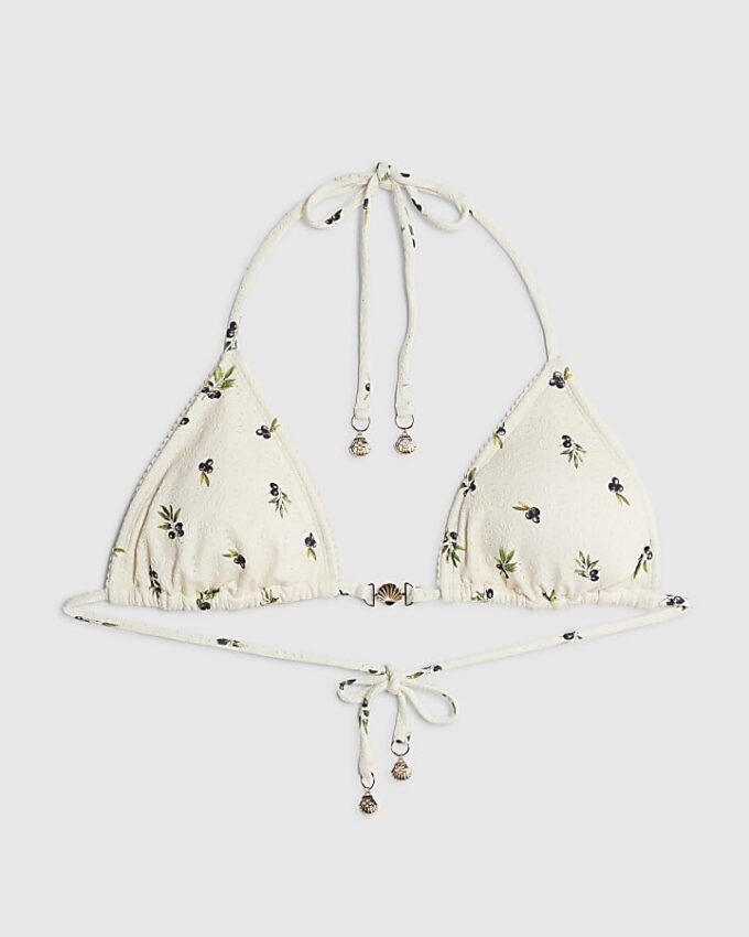 Cream Olive Print Bikini Top