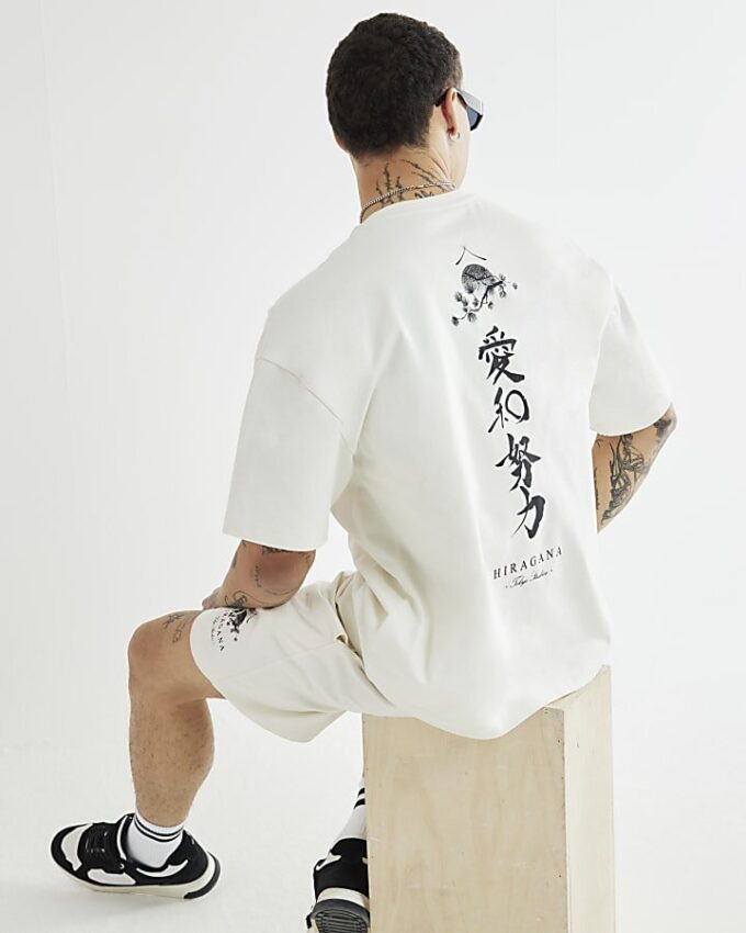 Cream Oversized Japanese T-Shirt & Shorts Set