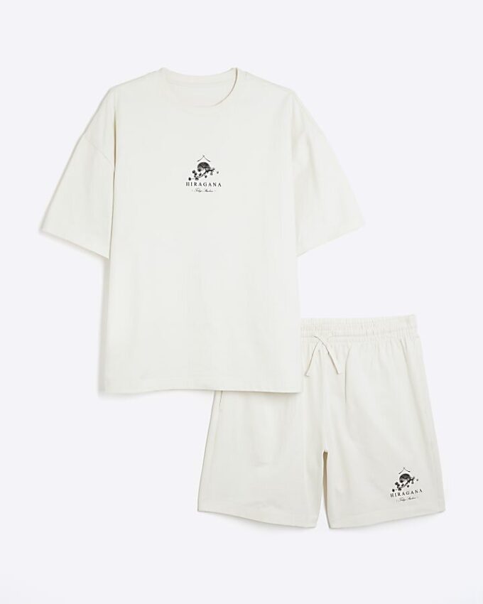 Cream Oversized Japanese T-Shirt & Shorts Set