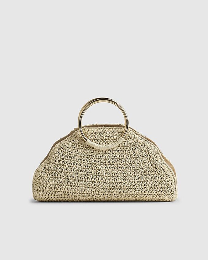 Cream Pearl Raffia Handle Grab Bag