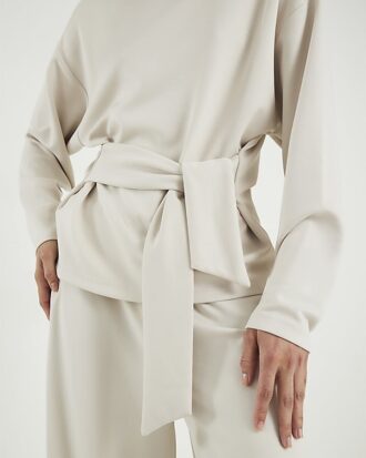 Cream Premium Long Sleeve Tie Front Top