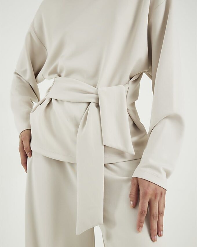 Cream Premium Long Sleeve Tie Front Top