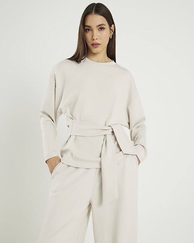 Cream Premium Long Sleeve Tie Front Top