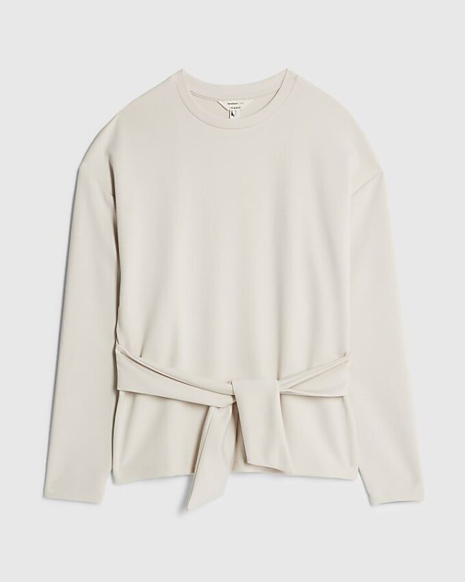 Cream Premium Long Sleeve Tie Front Top