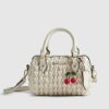 Cream Ruched Cherry Charm Mini Bowler Bag