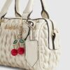 Cream Ruched Cherry Charm Mini Bowler Bag