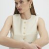 Cream Scallop Front Faux Leather Top