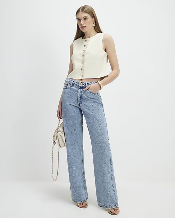 Cream Scallop Front Faux Leather Top