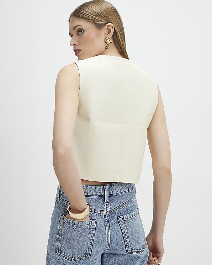 Cream Scallop Front Faux Leather Top