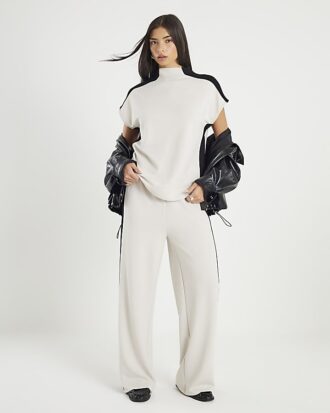 Cream Short Sleeve Colour Block High Neck Top