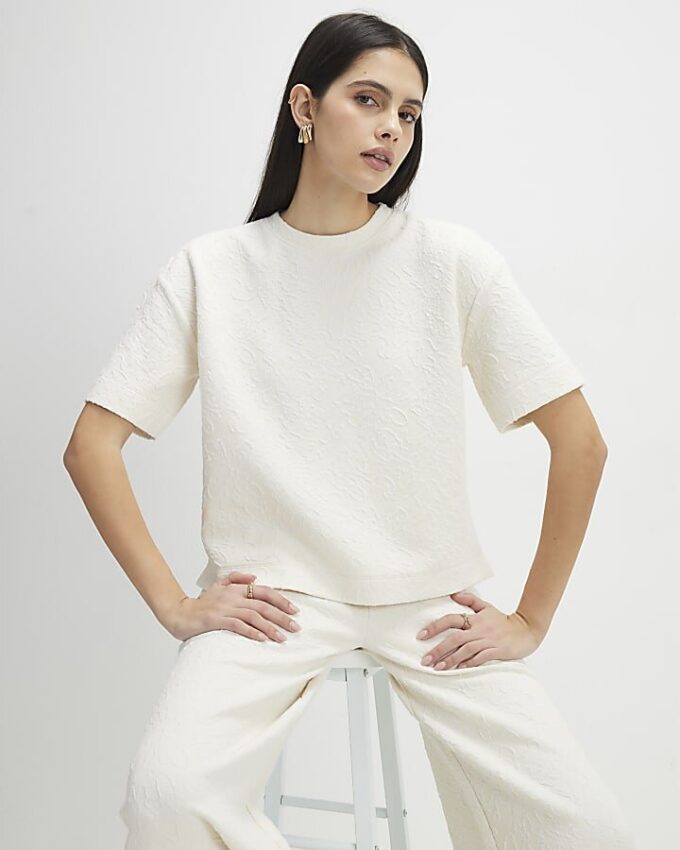 Cream Short Sleeve Jacquard Boxy T-shirt