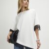 Cream Short Sleeve Lace Trim Asymmetric Top