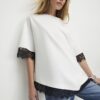 Cream Short Sleeve Lace Trim Asymmetric Top