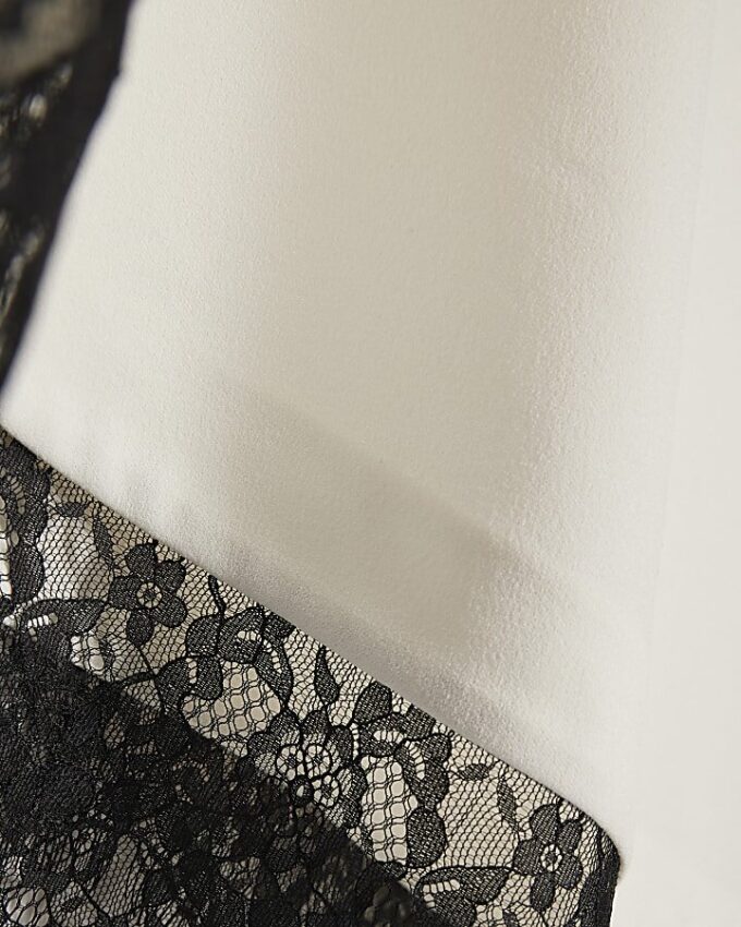 Cream Short Sleeve Lace Trim Asymmetric Top