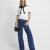 Cream Short Sleeve Ribbed Bow Detail Top