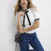 Cream Short Sleeve Ribbed Bow Detail Top