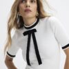 Cream Short Sleeve Ribbed Bow Detail Top