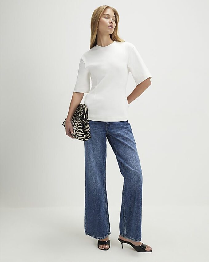 Cream Short Sleeve Tie Back Seamed Top