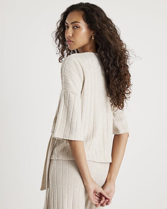 Cream Short Sleeve Wide Ribbed Knot Side Top