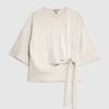 Cream Short Sleeve Wide Ribbed Knot Side Top