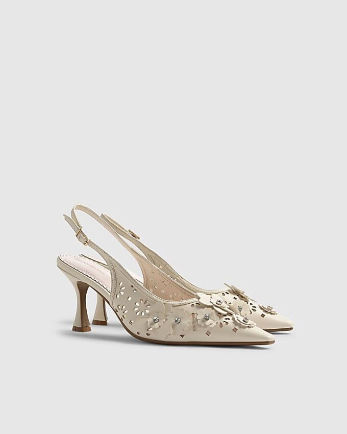 Cream Sling Back 3D Floral Court Heels