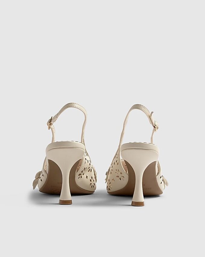 Cream Sling Back 3D Floral Court Heels