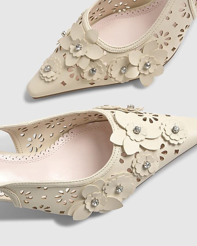 Cream Sling Back 3D Floral Court Heels