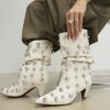 Cream Slouch Studded Ankle Boots
